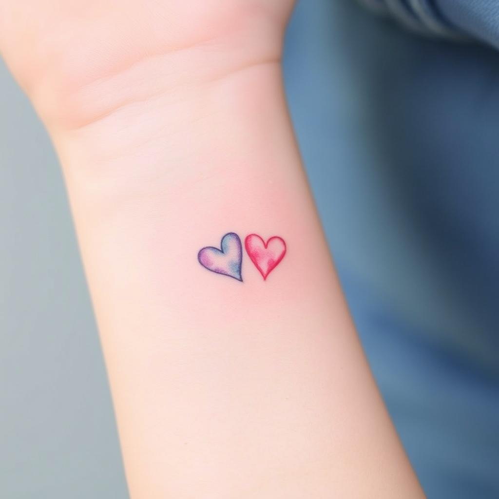 watercolor tattoo design featuring two tiny, intertwined hearts in soft, pastel colors watercolor tattoo design featuring two tiny, intertwined hearts in soft, pastel colors
