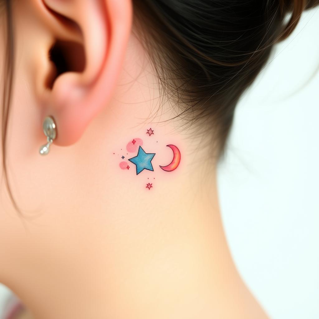 watercolor tattoo of a blue star and pink moon on a mother collarbone  watercolor tattoo of a blue star and pink moon on a mother collarbone