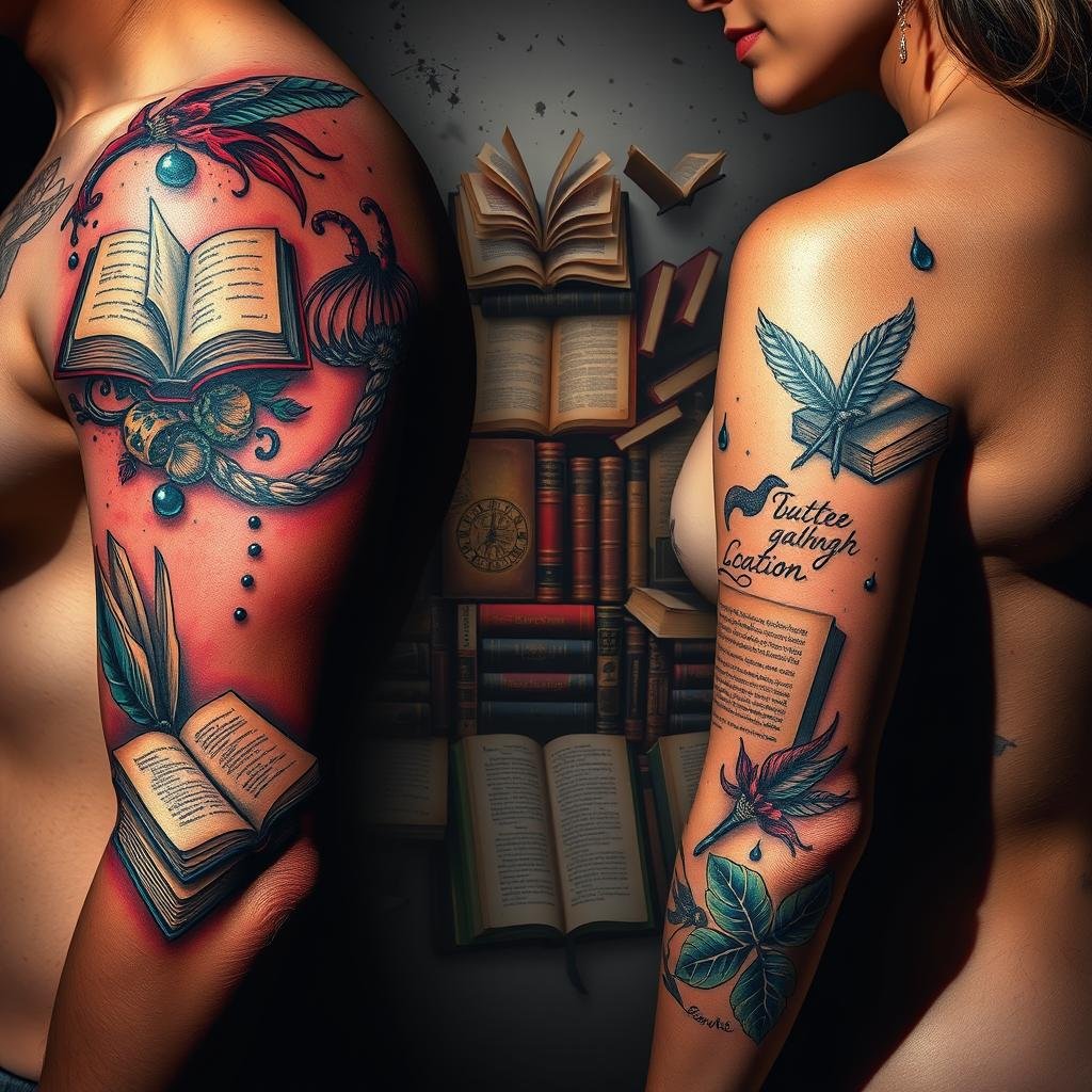 A breathtaking display of bold, vibrant bookish tattoos adorning the skin. In the foreground, intricate designs of open books, quills, and literary motifs burst with rich hues of sapphire, crimson, and gold, capturing the essence of the written word. The middle ground features a collage of classic book spines, their titles and artwork elegantly inked onto the canvas of the body. In the background, a whimsical array of flying pages, scattered ink splatters, and subtle book-themed patterns create a captivating, dreamlike atmosphere. Dramatic lighting casts dramatic shadows, highlighting the depth and dimensionality of these stunning, one-of-a-kind tattoos. A breathtaking display of bold, vibrant bookish tattoos adorning the skin. In the foreground, intricate designs of open books, quills, and literary motifs burst with rich hues of sapphire, crimson, and gold, capturing the essence of the written word. The middle ground features a collage of classic book spines, their titles and artwork elegantly inked onto the canvas of the body. In the background, a whimsical array of flying pages, scattered ink splatters, and subtle book-themed patterns create a captivating, dreamlike atmosphere. Dramatic lighting casts dramatic shadows, highlighting the depth and dimensionality of these stunning, one-of-a-kind tattoos.