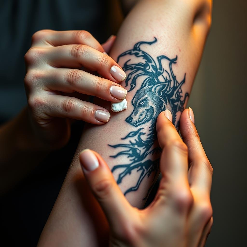 A close-up view of a woman's hand gently applying soothing, fragrance-free ointment to a freshly inked baddie tattoo on her forearm. The tattoo features a bold, intricate design of gothic-inspired elements like spiderwebs, thorns, and a snarling wolf. The skin around the tattoo appears slightly reddened and tender, reflecting the delicate aftercare process. The lighting is soft and diffused, casting a warm, intimate glow. The background is blurred, keeping the focus on the detailed tattoo and the caring hands tending to it. The overall mood is one of reverence and pride in the bold, edgy body art.
