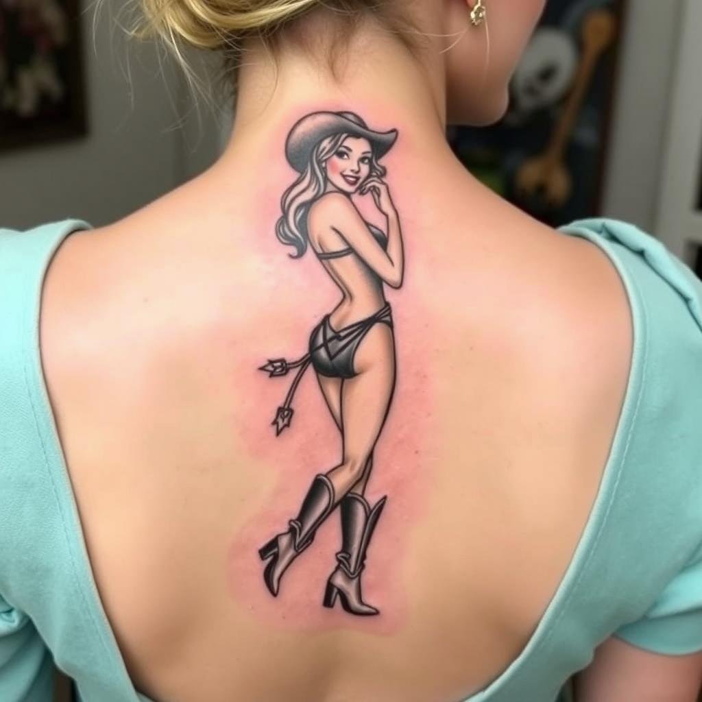 A small-sized cowgirl pinup tattoo