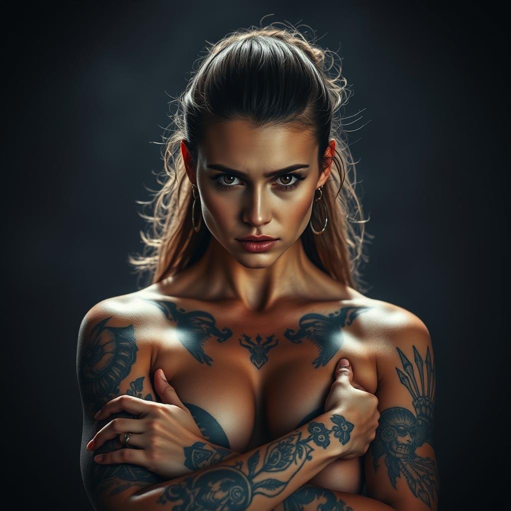 A striking and empowering depiction of female strength and resilience. Set against a moody, atmospheric backdrop, the image showcases the intricate tattoo designs that adorn the skin of a confident, unapologetic woman. Her gaze is resolute, radiating an aura of defiance and self-assurance. The tattoos, a bold blend of symbolic elements and fierce imagery, cover her arms and torso, telling a story of her journey towards embracing her power. Dramatic lighting casts dramatic shadows, heightening the sense of raw, uncompromising beauty. The overall mood is one of fierce determination and unwavering self-expression, capturing the essence of female empowerment.