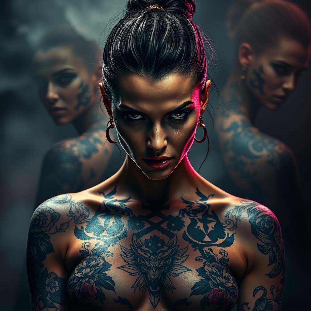 A striking display of bold, captivating tattoo designs against a moody, atmospheric backdrop. In the foreground, intricate floral patterns, fierce animal motifs, and striking geometric shapes adorn the skin of a confident, alluring woman. Her gaze is intense, her expression fierce, radiating an air of unapologetic power and rebelliousness. In the middle ground, the scene is bathed in dramatic, chiaroscuro lighting, creating deep shadows and highlights that accentuate the tattoos' intricate details. The background is shrouded in a hazy, almost ethereal ambiance, adding to the overall sense of edgy, baddie-inspired aesthetics. The composition is balanced, drawing the viewer's eye to the captivating tattoo designs that embody the bold, empowered spirit of the &amp;amp;amp;amp;quot;Baddie Tattoos for Women&amp;amp;amp;amp;quot; trend.