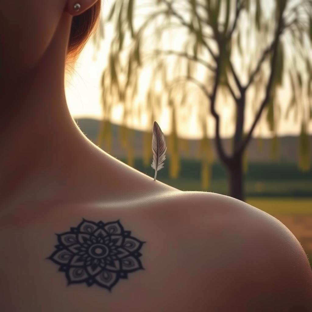 A tranquil scene of symbolic tattoos, delicately etched onto skin. In the foreground, a intricate mandala design, its intricate lines and curves reflecting the interconnectedness of life. In the middle ground, a delicate feather, its barbs unfurling, representing the fragility and resilience of the human spirit. In the background, a serene willow tree, its branches swaying gently, creating a sense of calm and contemplation. The lighting is soft and diffused, casting a warm, golden glow over the scene. The composition is balanced and harmonious, inviting the viewer to ponder the deeper meanings behind these meaningful tattoos. A tranquil scene of symbolic tattoos, delicately etched onto skin. In the foreground, a intricate mandala design, its intricate lines and curves reflecting the interconnectedness of life. In the middle ground, a delicate feather, its barbs unfurling, representing the fragility and resilience of the human spirit. In the background, a serene willow tree, its branches swaying gently, creating a sense of calm and contemplation. The lighting is soft and diffused, casting a warm, golden glow over the scene. The composition is balanced and harmonious, inviting the viewer to ponder the deeper meanings behind these meaningful tattoos.