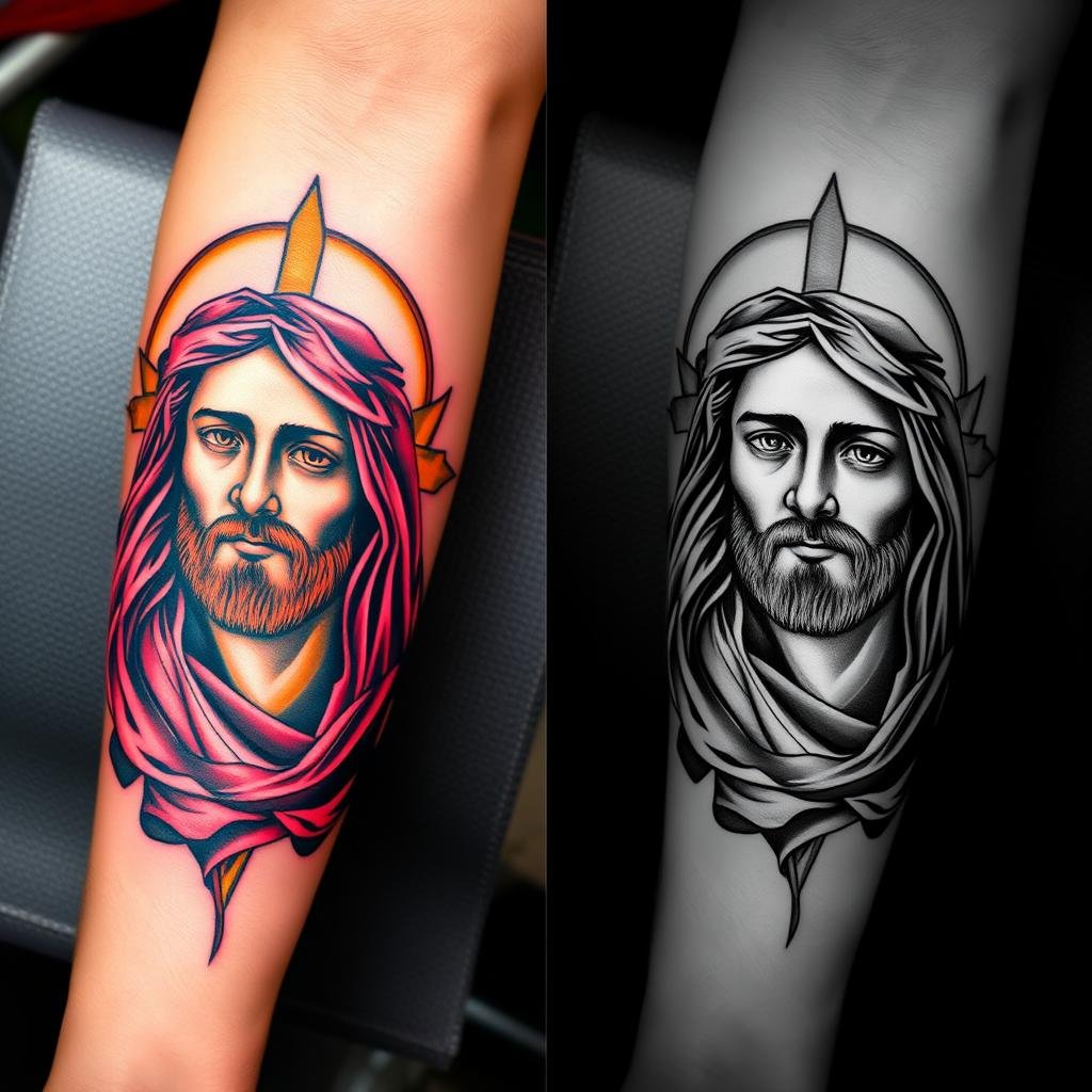 Color vs Black and Grey Religious Tattoo Color vs Black and Grey Religious Tattoo