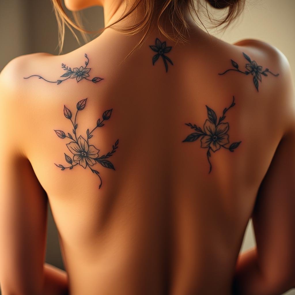 Delicate floral tattoo designs adorn a feminine figure, strategically placed on the collarbone, ribs, and lower back. The intricate patterns flow gracefully across the skin, creating a harmonious balance between strength and beauty. The tattoos are depicted in a soft, muted color palette, illuminated by warm, natural lighting that casts gentle shadows, accentuating the contours of the body. The overall mood is one of elegance and self-expression, capturing the essence of a baddie's fierce yet alluring aesthetic.