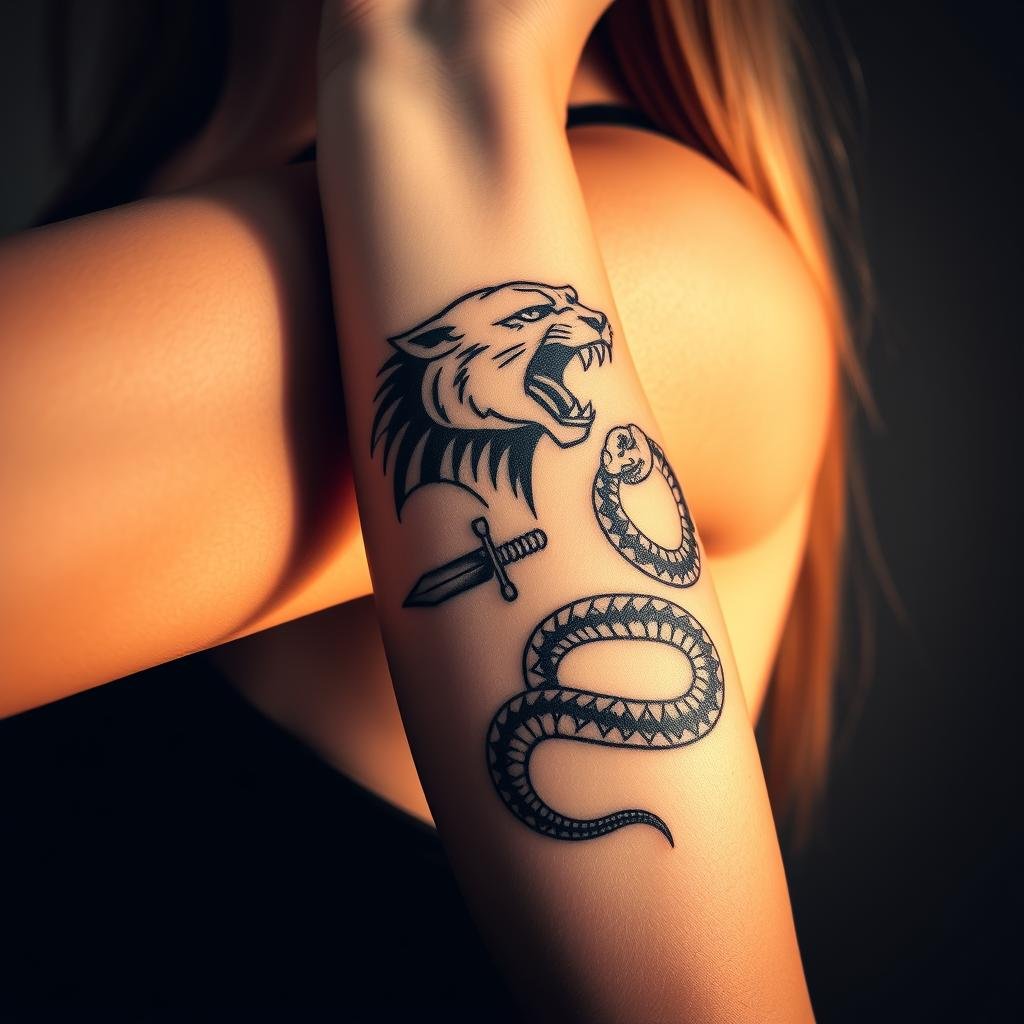 Detailed close-up shot of a woman's forearm, featuring a collection of bold, intricate badass tattoos. The designs include a fierce panther, a striking dagger, and a striking snake coiled around the wrist. The tattoos are rendered in a striking, high-contrast black and grey style, with deep shadows and highlights sculpting the designs. The skin has a soft, luminous quality, bathed in warm, directional lighting that accentuates the dimensional textures of the tattoos. The overall mood is gritty, edgy, and empowered, capturing the bold, unapologetic spirit of the &amp;amp;amp;amp;quot;baddie&amp;amp;amp;amp;quot; aesthetic.