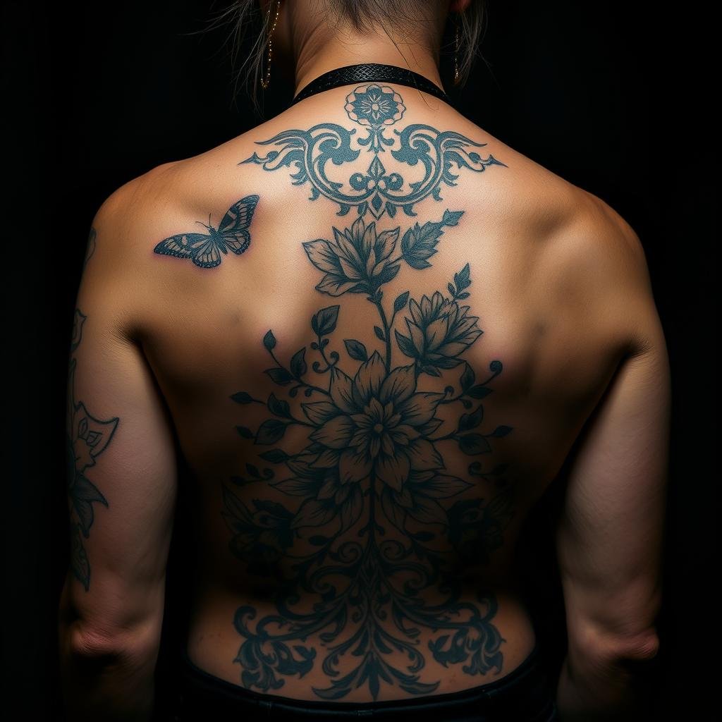 Unique tattoo inspirations: An assortment of captivating, intricate body art designs showcasing diverse styles, from delicate floral motifs to bold geometric patterns, against a backdrop of moody, atmospheric lighting with a hint of shadow and contrast, capturing the essence of 'baddie' aesthetics - confident, alluring, and unapologetically fierce.