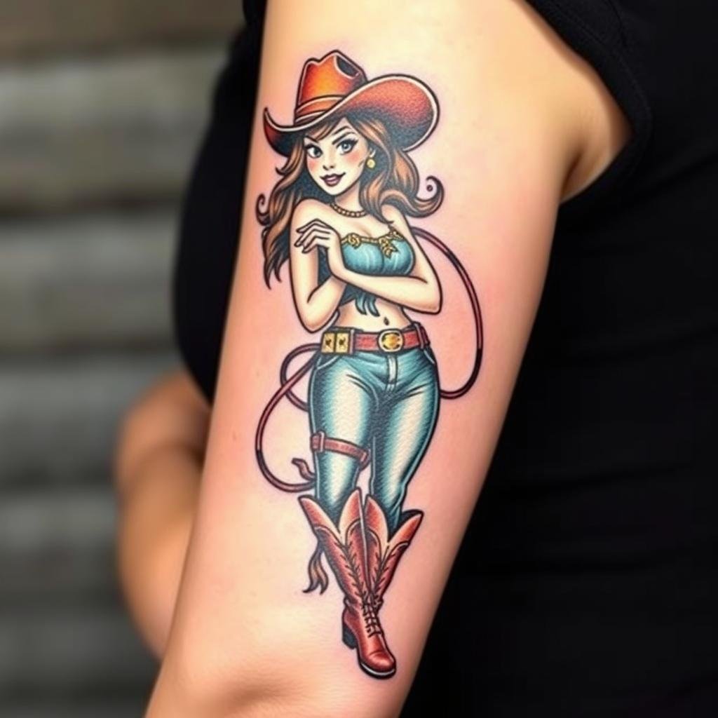 Vintage Cowgirl Pinup Tattoo Design