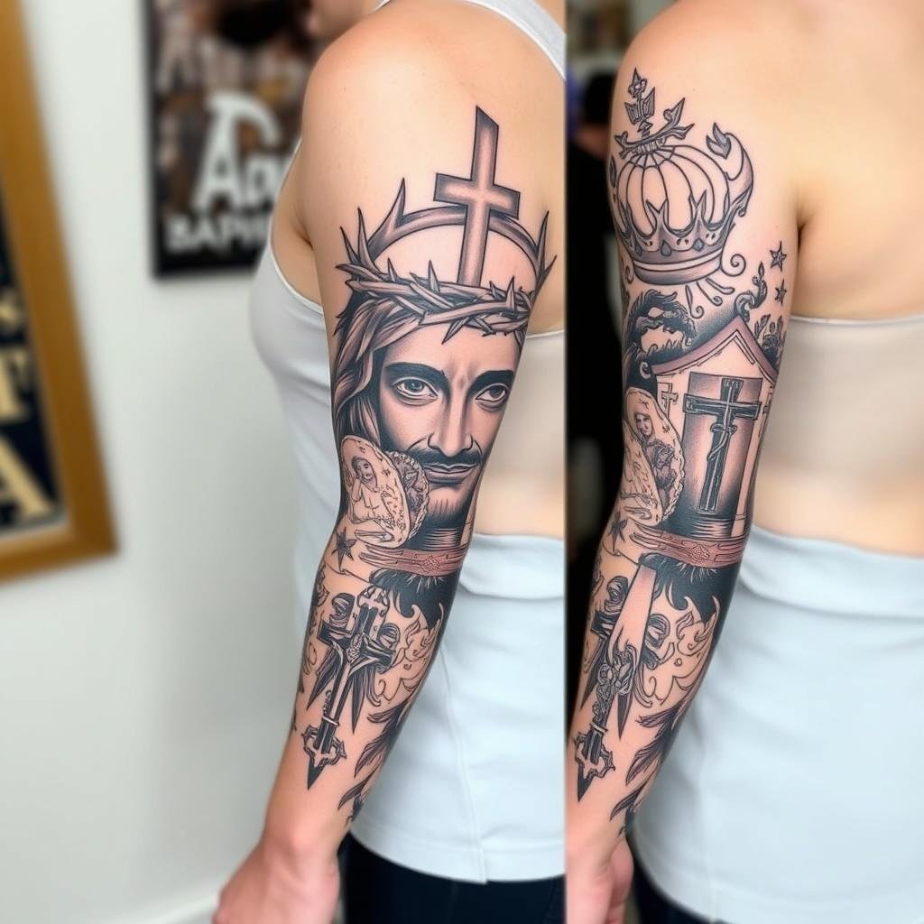 A small religious tattoo design for a full sleeve composition
