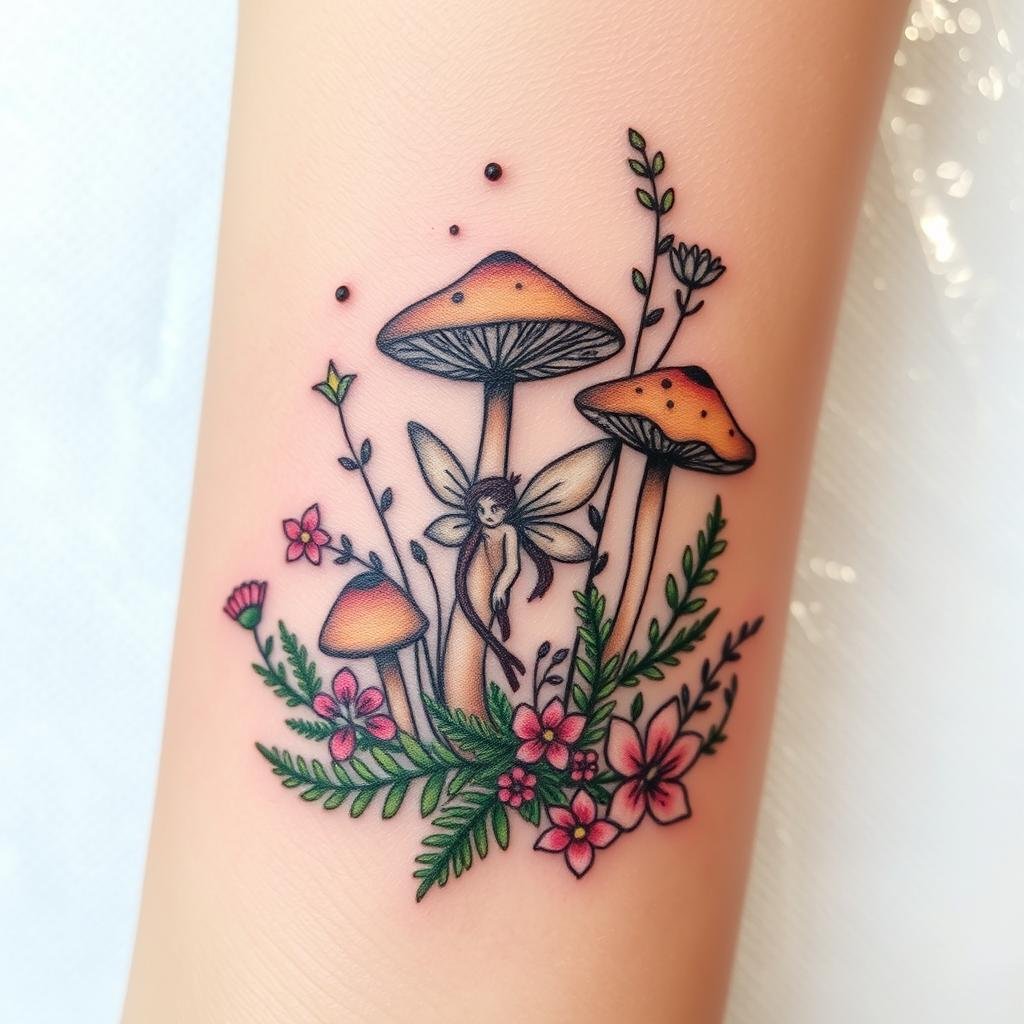 Mushrooms are key in fairy tattoo designs
