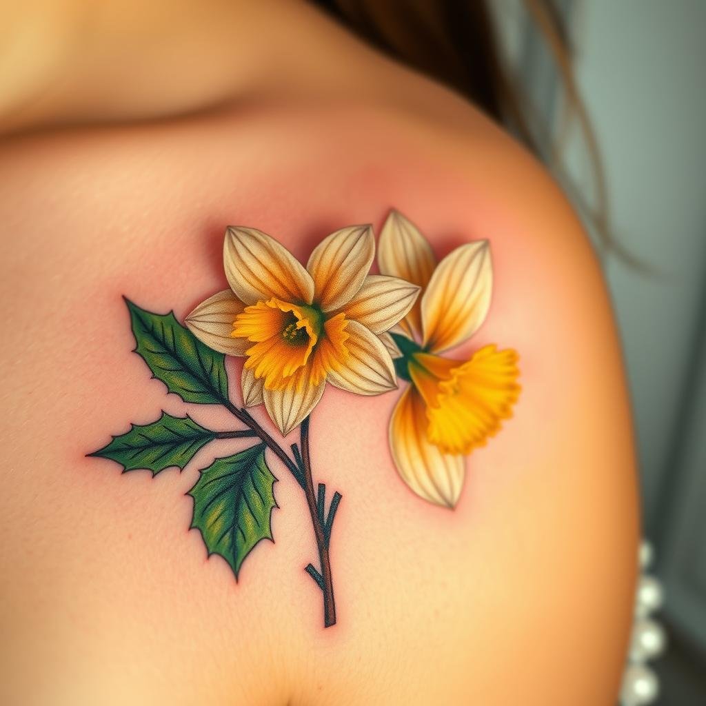 December birth flower tattoos with narcissus and holly