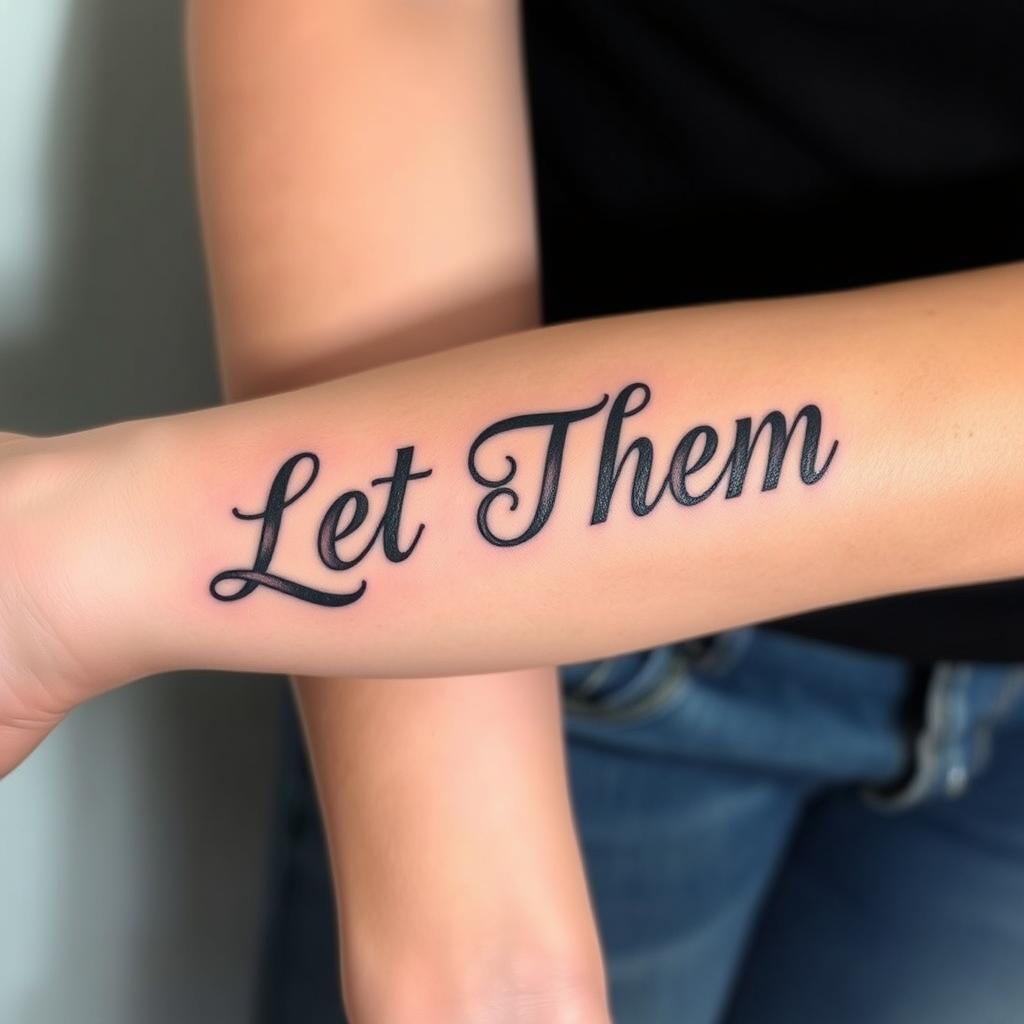 As a tattoo design expert, please create a unique "Let Them" word tattoo for a forearm, incorporating distinctive effects and styles that enhance the text's visual impact while ensuring the design complements the natural contours of the forearm at an angle.