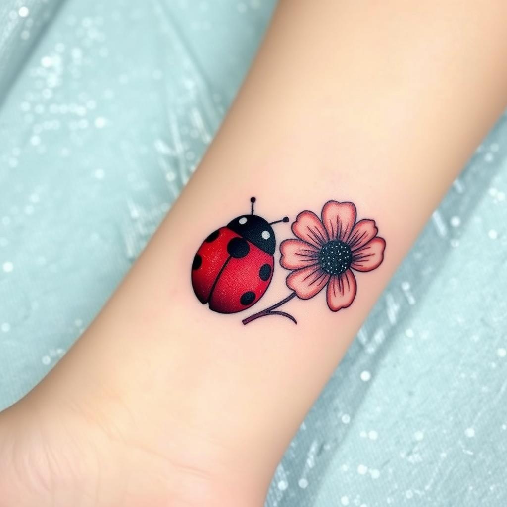 Classic Red and Black ladybug tattoo design with flower on the wrist Classic Red and Black ladybug tattoo design with flower on the wrist