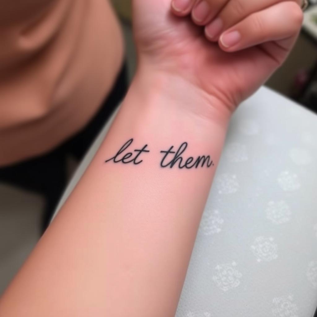 “Let Them” minimalist script with soft shadows, forearm placement, close-up tattoo studio angle