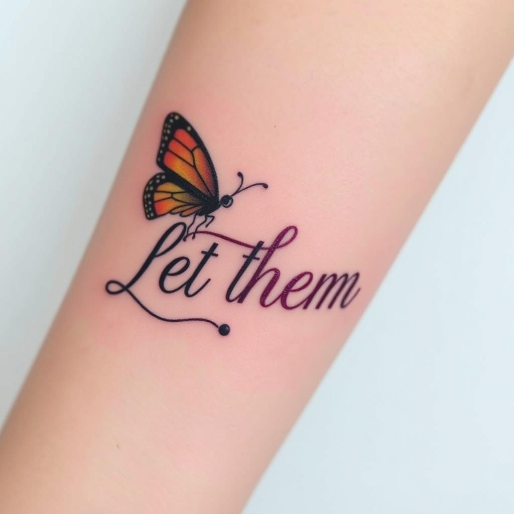 “Let Them” with a butterfly breaking free, delicate linework, inner forearm, same close-up angle