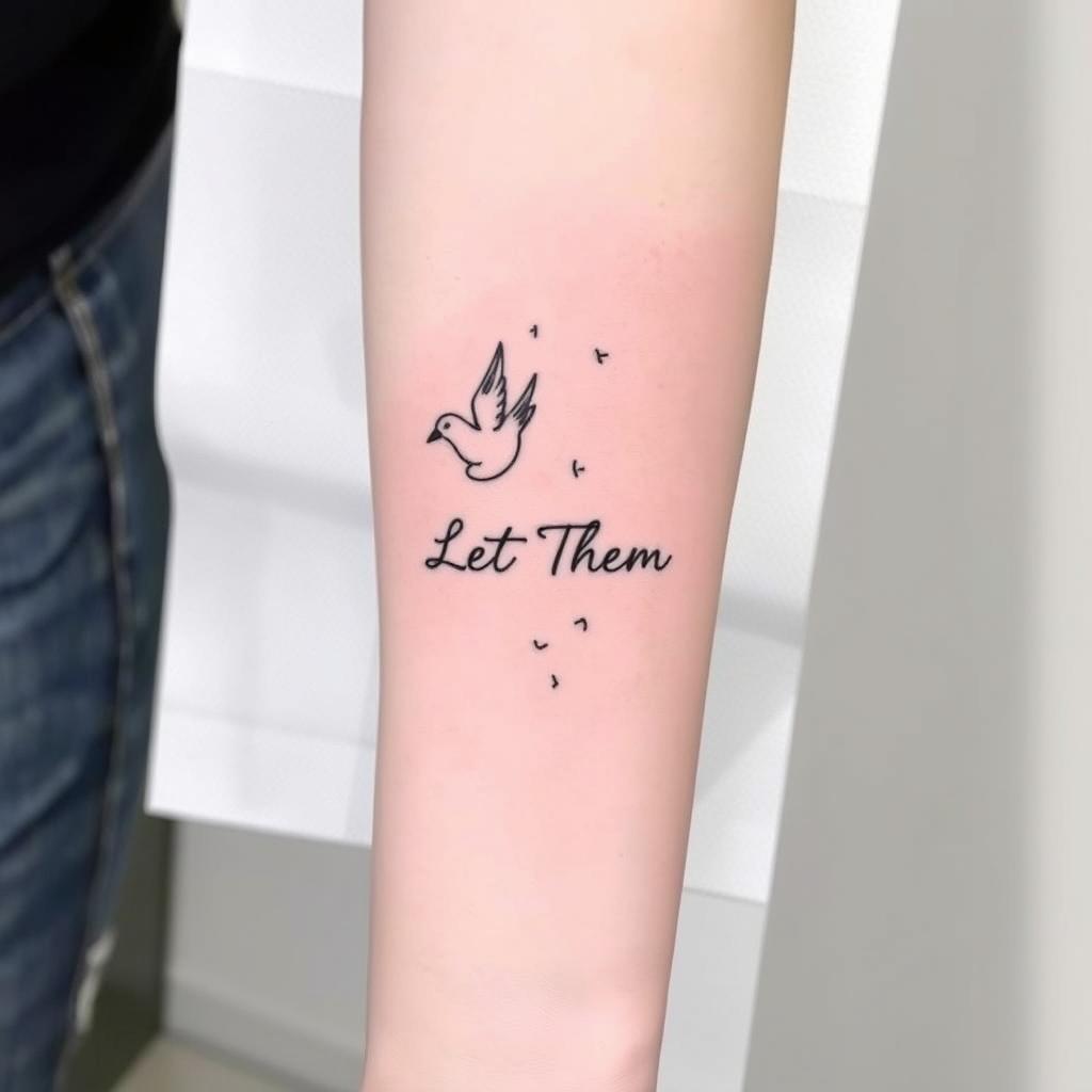“Let Them” word tattoo accompanied by two swallows flying upward, thin-line art, vertical forearm