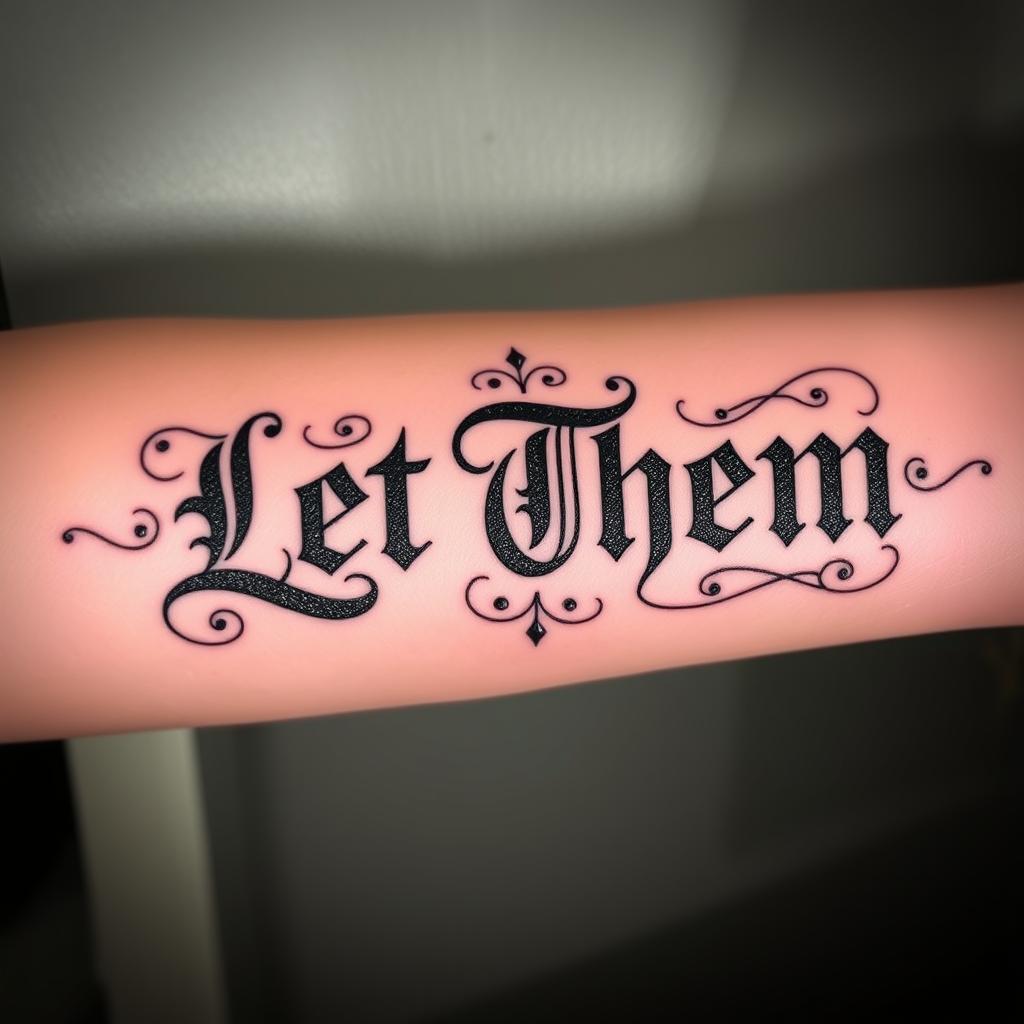 “Let Them” word tattoo combined with Gothic script with subtle ornamental flourishes, outer forearm shot