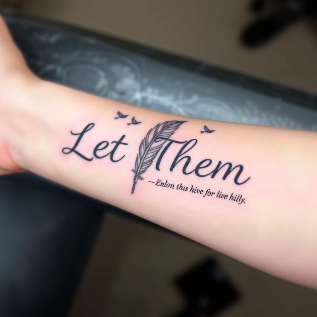 “Let Them” word tattoo combined with a short quote and a feather transforming into birds, vertical forearm, minimalist style, forearm shoot angle