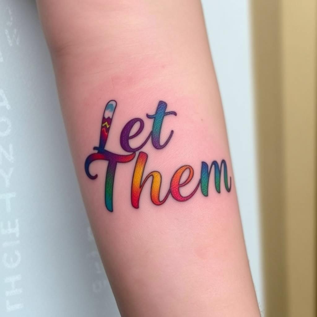 “Let Them”  word tattoo in Bold and Colorful font with soft cloud shading and sunbeams, outer forearm close-up