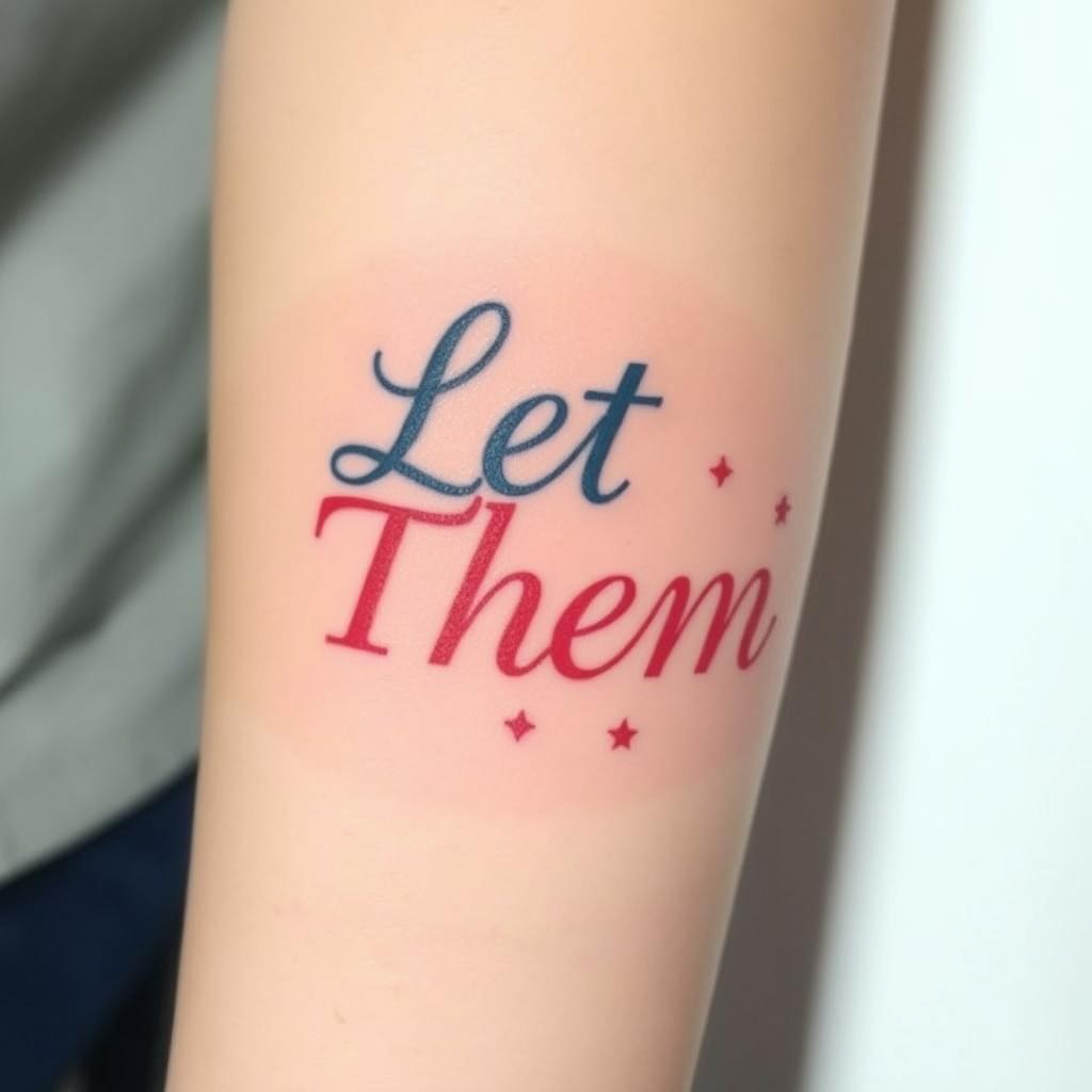 “Let Them” word tattoo in Vibrant Color font surrounded by small delicate stars, minimalist style, forearm shoot angle