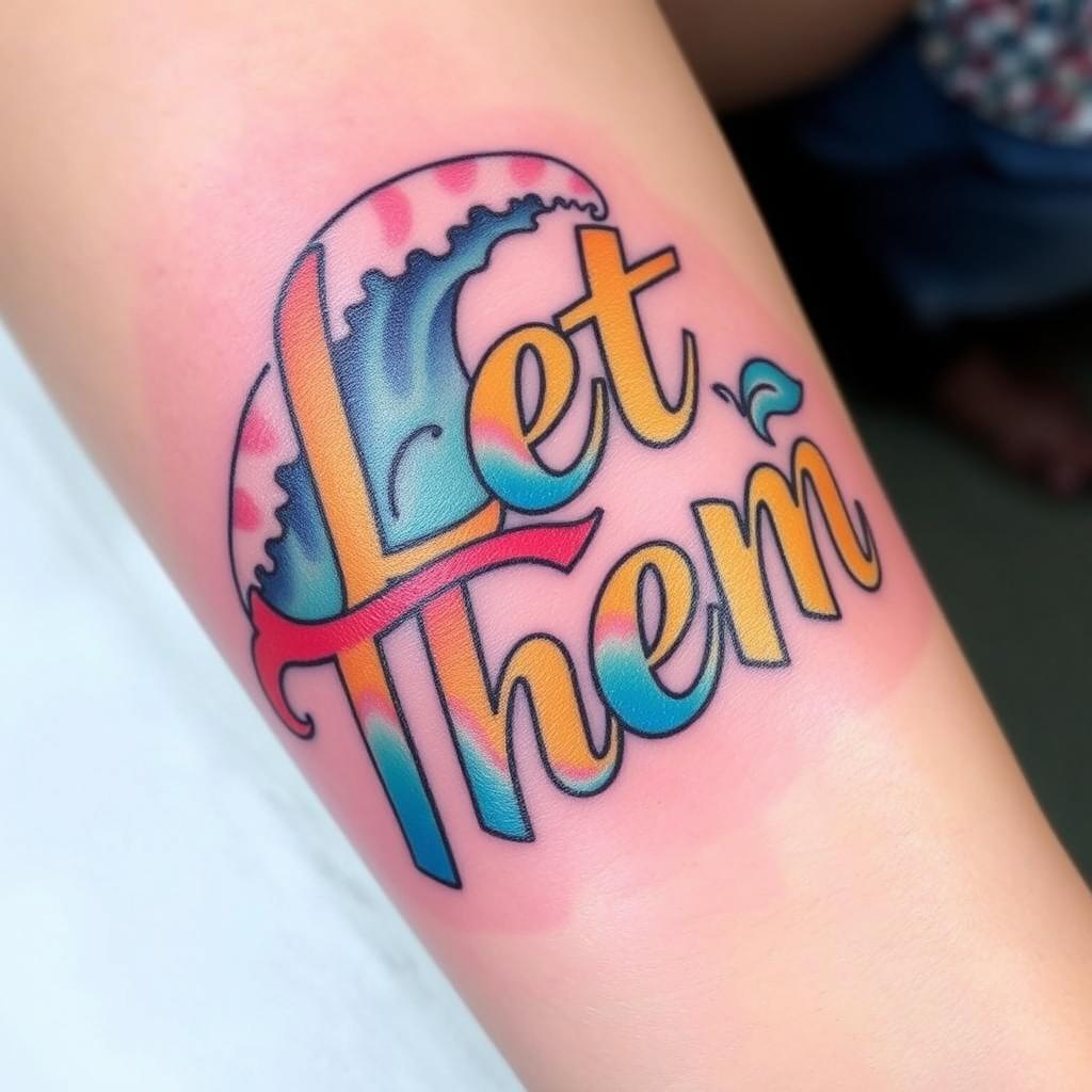 “Let Them”  word tattoo in Vibrant Color font with ocean waves rising behind the text, inner forearm angle