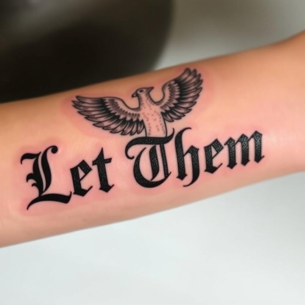 “Let Them” word tattoo in classic serif font with a phoenix rising behind the text, dramatic shading, vertical forearm angle