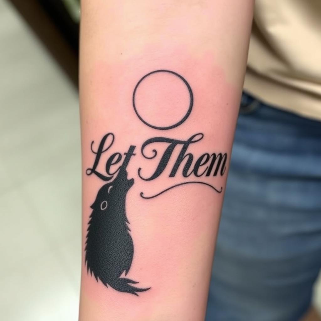 “Let Them” word tattoo in decorative script with a wolf silhouette howling at a moon, outer forearm photography angle