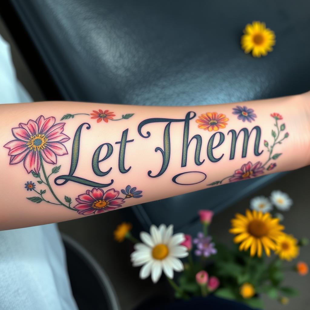 “Let Them”  word tattoo in fancy and colorful font surrounded by blooming wildflowers, soft realism, outer forearm shoot angle