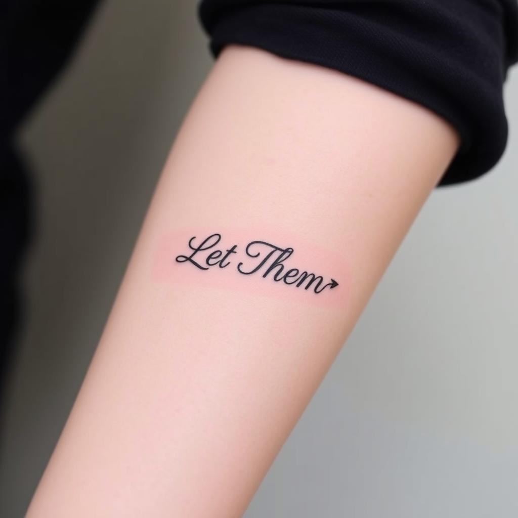 “Let Them”  word tattoo in fancy font and Tiny arrow arround it, outer forearm close-up
