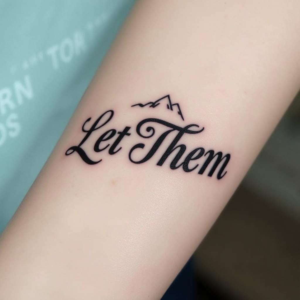 “Let Them”  word tattoo in fancy font and engraved-style lettering with mountain silhouette, outer forearm close-up