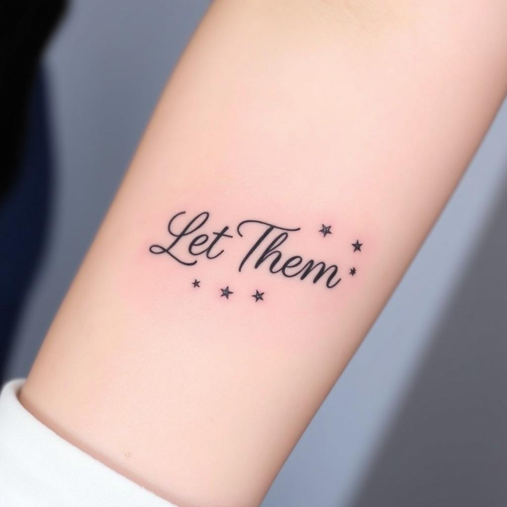 “Let Them”  word tattoo in fancy font and small stars arround it, outer forearm close-up