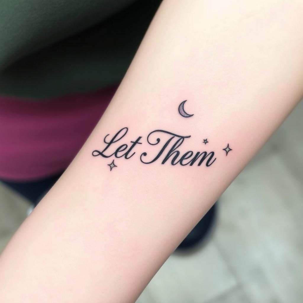 “Let Them” word tattoo in fancy font paired with a small crescent moon and stars, inner forearm angle