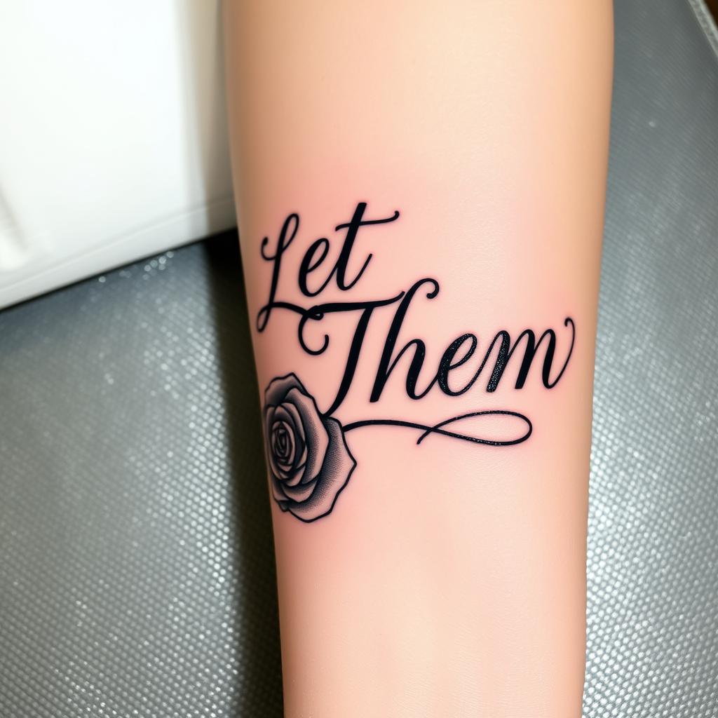 “Let Them”  word tattoo in fancy  font with ribbon-style lettering wrapped around a rose, outer forearm close-up