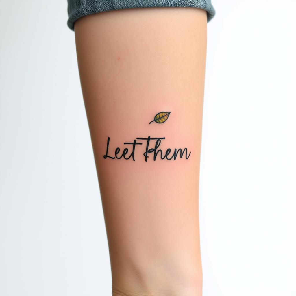 “Let Them” word tattoo  modern sans-serif font with falling leaves symbolizing change, vertical forearm close-up