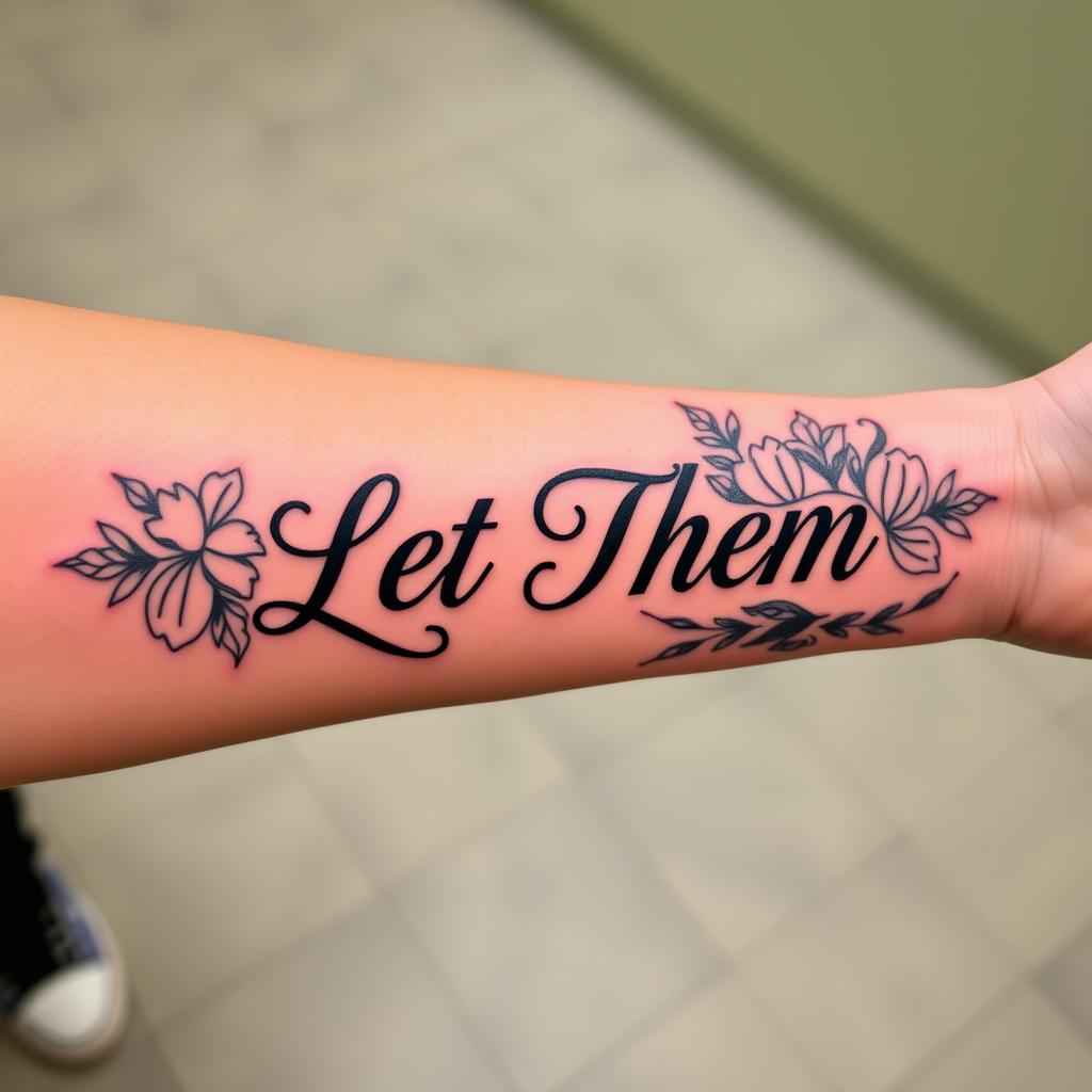 “Let Them” word tattoo surrounded by Floral and botanical designs, inner forearm perspective