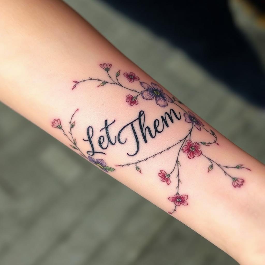 “Let Them” word tattoo surrounded by blooming wildflowers and gentle vines, inner forearm perspective