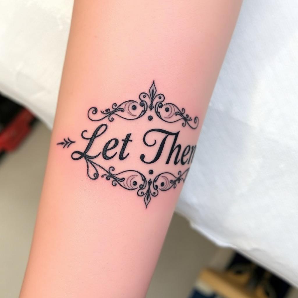 “Let Them” word tattoo surrounded by ornamental filigree, fine-line detailing, forearm placement