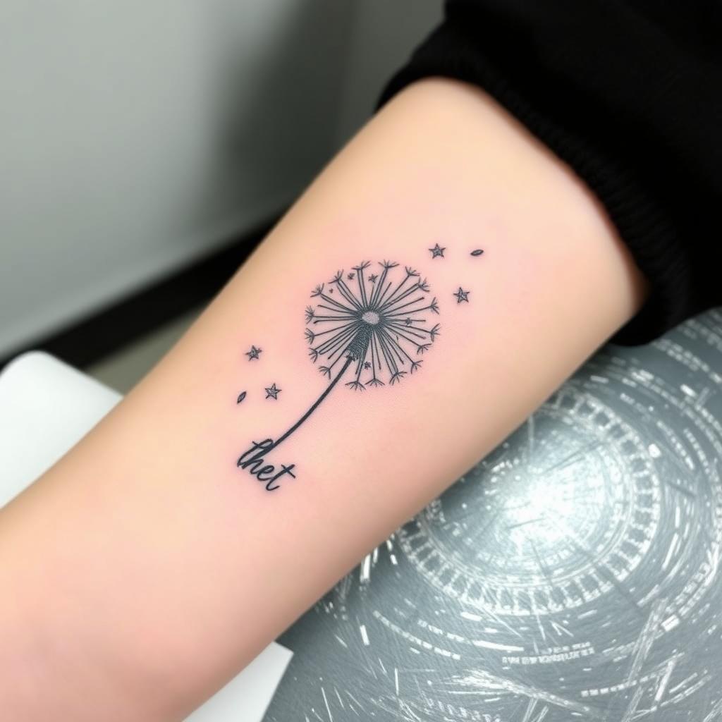 “Let Them”  word tattoo with a dandelion blowing seeds away, forearm placement