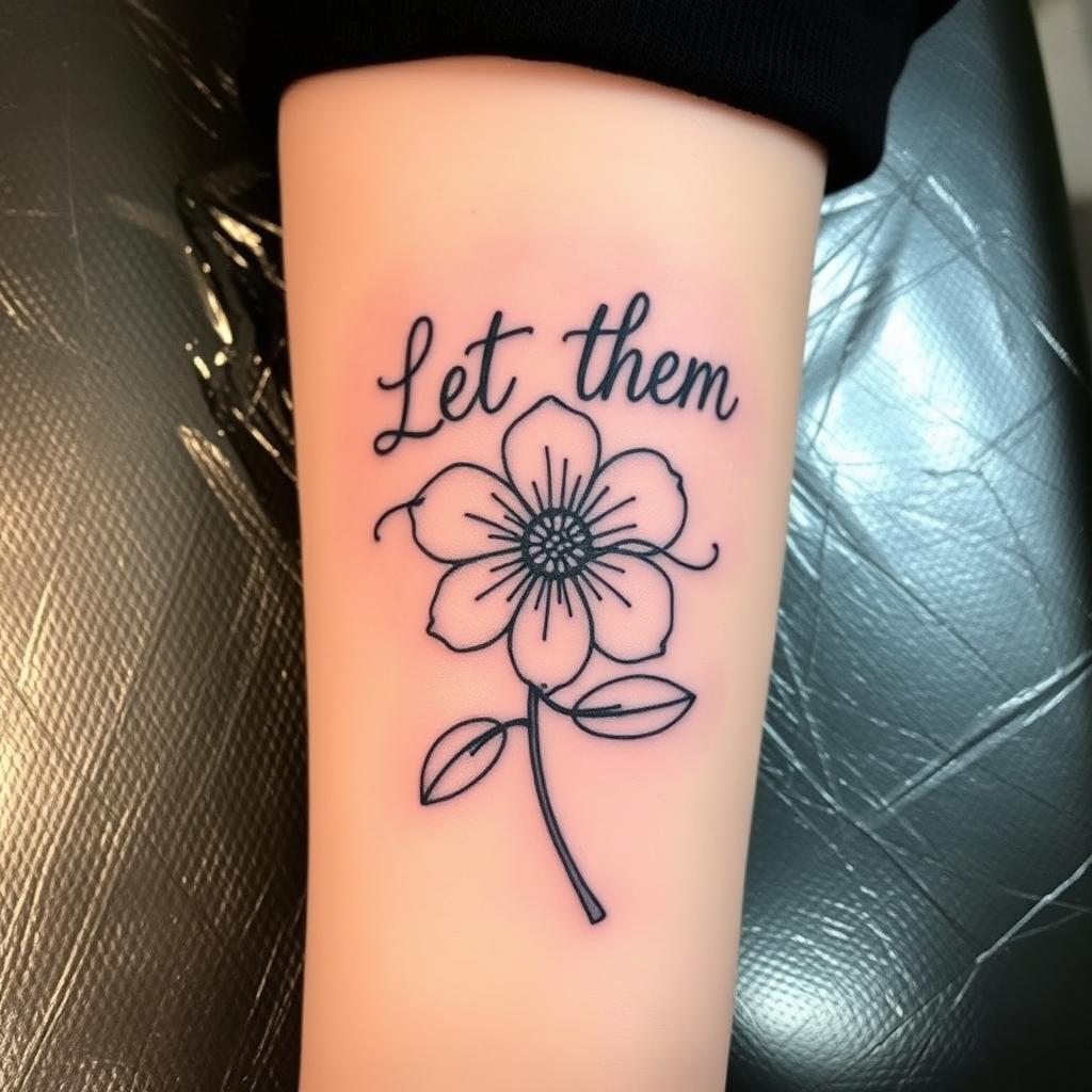 “Let Them” word tattoo with a flower from a special moment, forearm angle