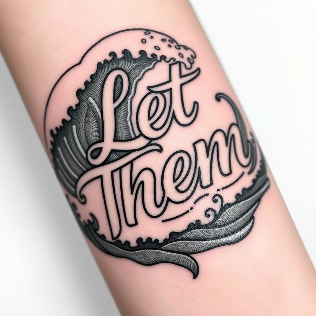 “Let Them” word tattoo with a waterfall cascading behind the text, high-detail nature shading, forearm view