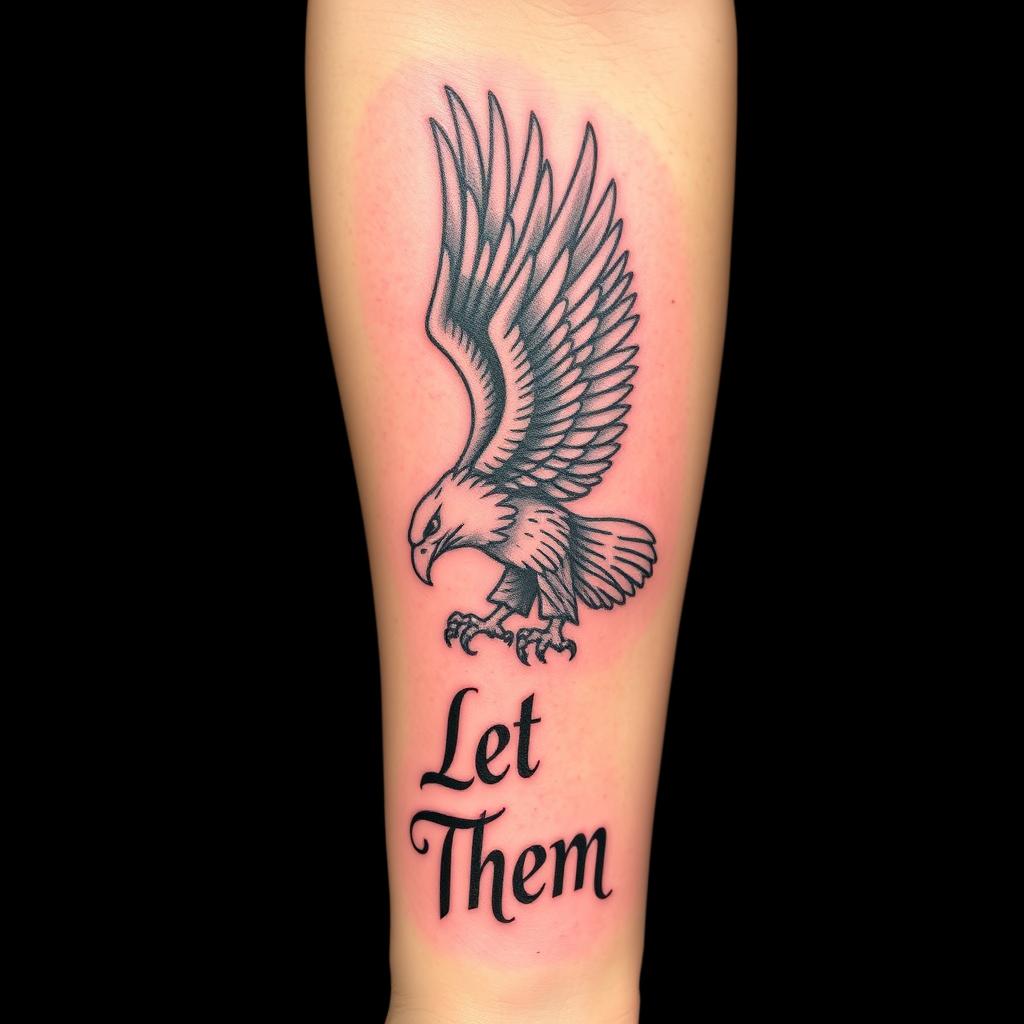 “Let Them” word tattoo with eagle, vertical forearm angle