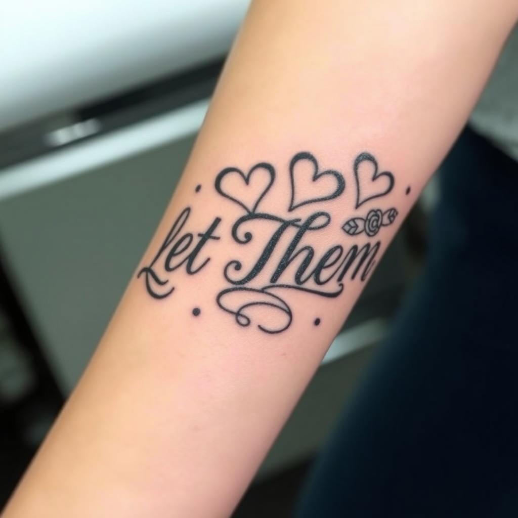 “Let Them” word tattoo with tributes to loved ones, forearm angle