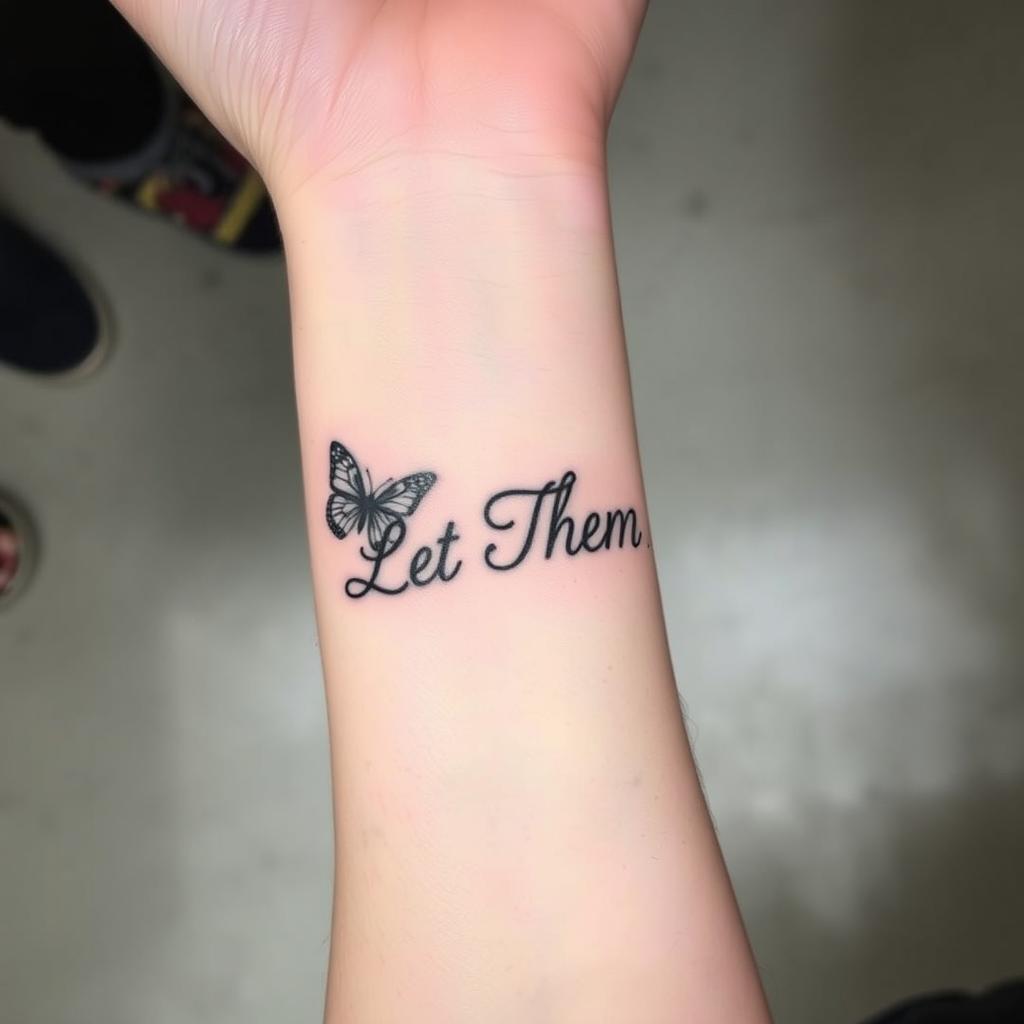 “Let Them”  word tattoo with two butterflies symbolizing release, forearm photograph angle