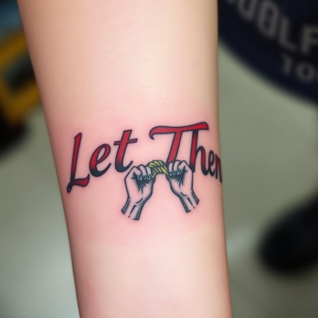 “Let Them” words tattoo in Bold and Colorful font with two hands letting go of a rope, symbolic realism, forearm view