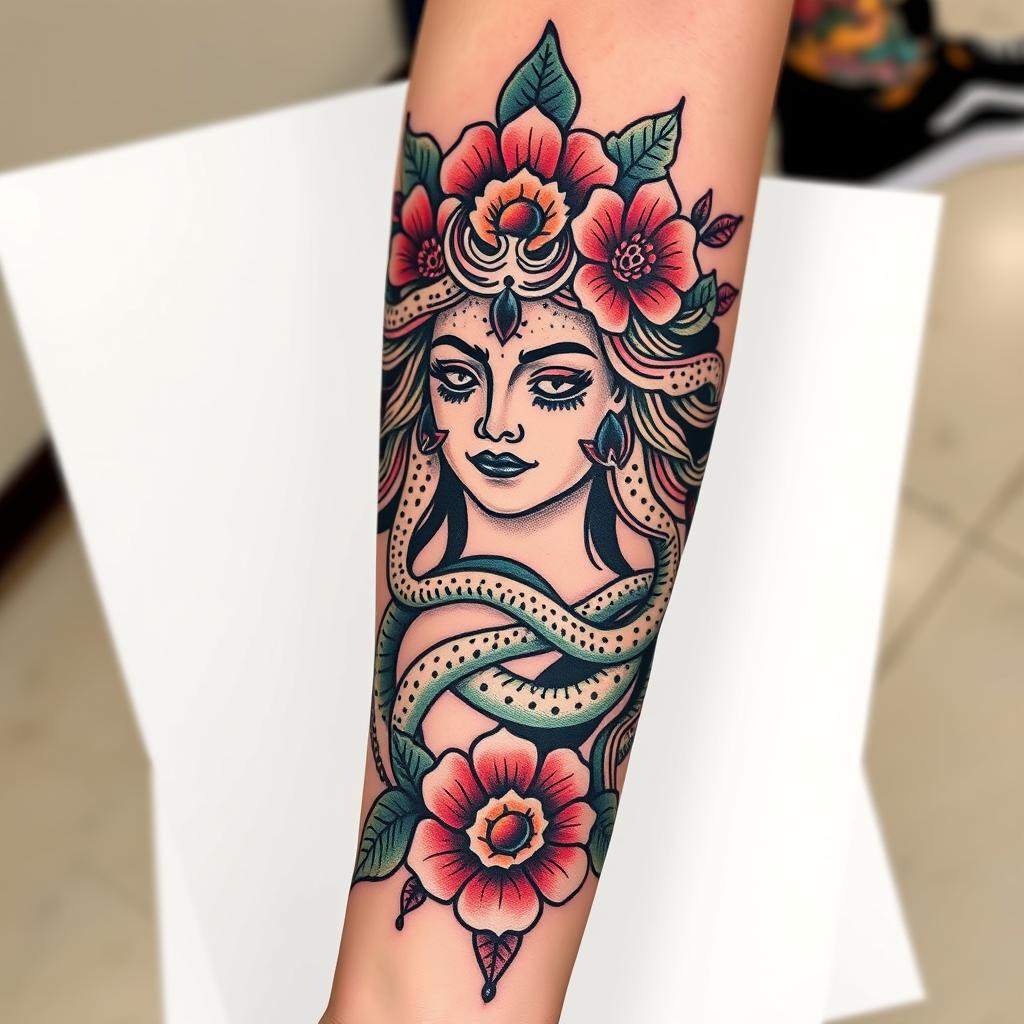 Medusa tattoo design with flower on the forearm Medusa tattoo design with flower on the forearm