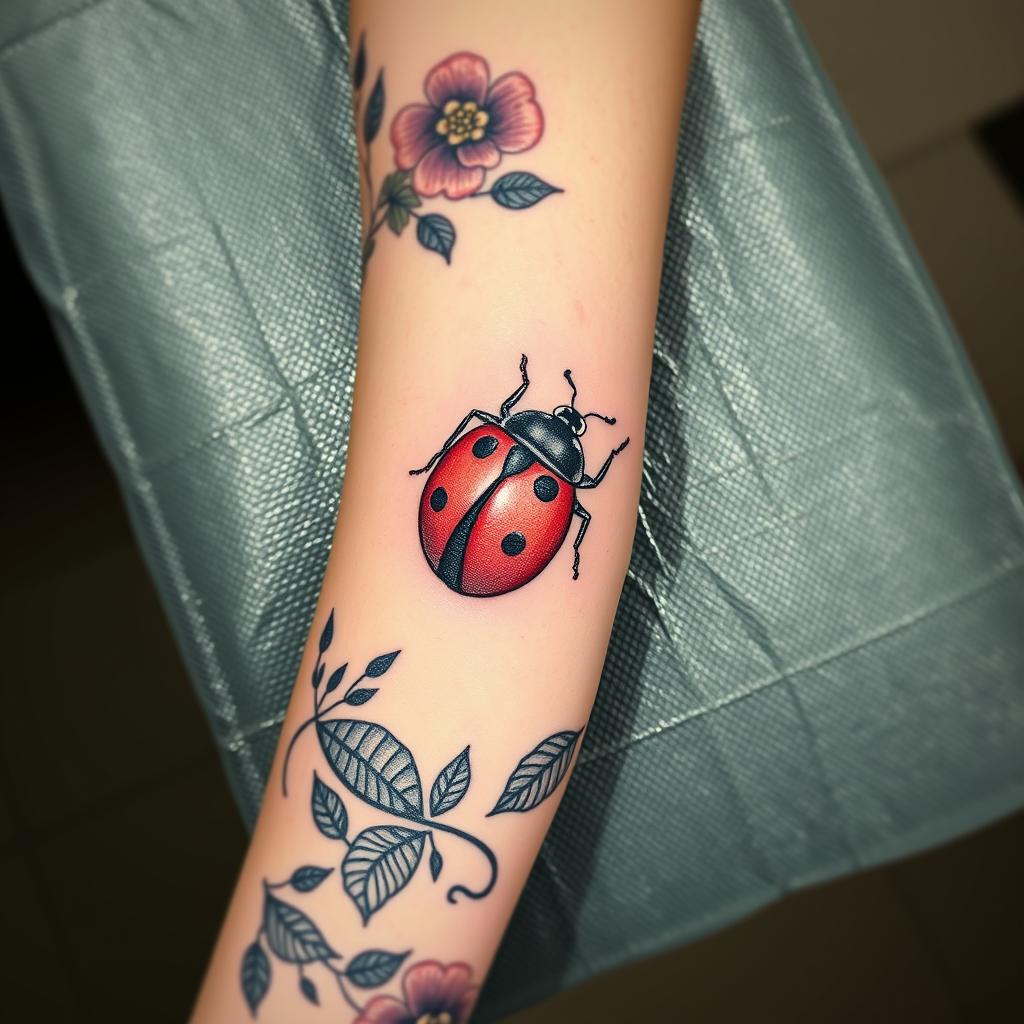 Neo-Traditional style Ladybug tattoo design on the forearm Neo-Traditional style Ladybug tattoo design on the forearm