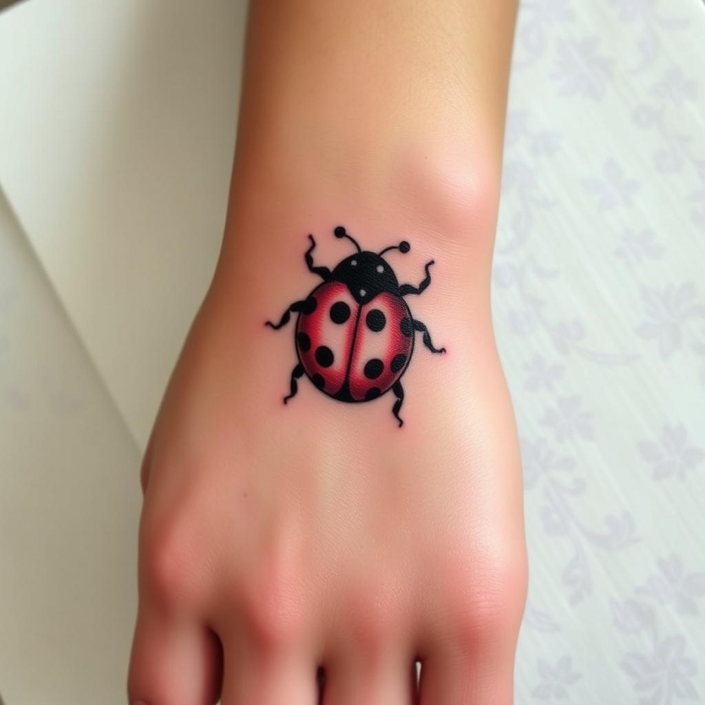 Vintage-inspired ladybug tattoo design on the wrist Vintage-inspired ladybug tattoo design on the wrist