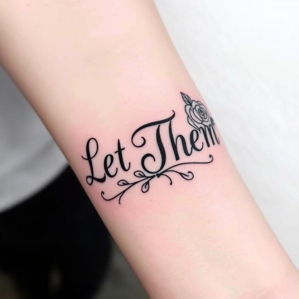 classic “Let Them” word tattoo in fancy font with classic rose, thin-line aesthetic, wrist-to-forearm view