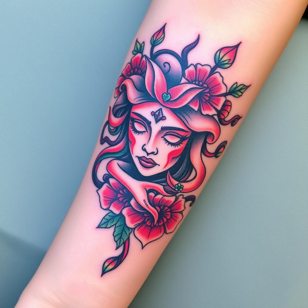 colored medusa tattoo design with flower on the forearm colored medusa tattoo design with flower on the forearm